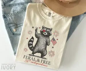 Comfort Colors America 250th Anniversary Shirt, Feral but Free Patriotic Raccoon, USA 250th Anniversary Shirt, USA Flag 4th of July T-Shirt - HARSIN