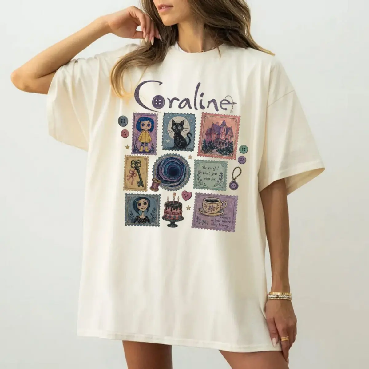 Comfort Colors Coraline Stamp Collage Shirt, Vintage Halloween Coraline Movie Tee, Dark Fantasy Coraline Collectible T Shirt, Animated Movie Outfit , Unisex Fitted Short Sleeve Tee, Classic Streetwear
