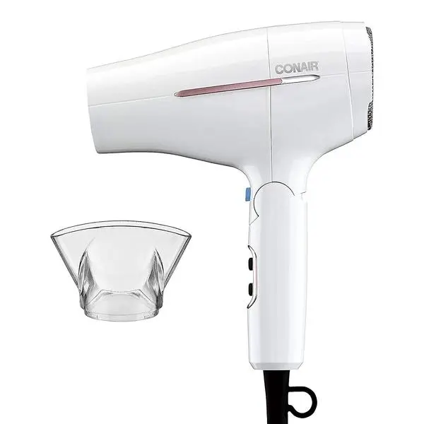 Conair Travel Hair Dryer, Double-Ceramic Design, Foldable Handle, White | Compact 1875-watt blow dryer with ionic technology for all hair types, includes concentrator nozzle to direct airflow