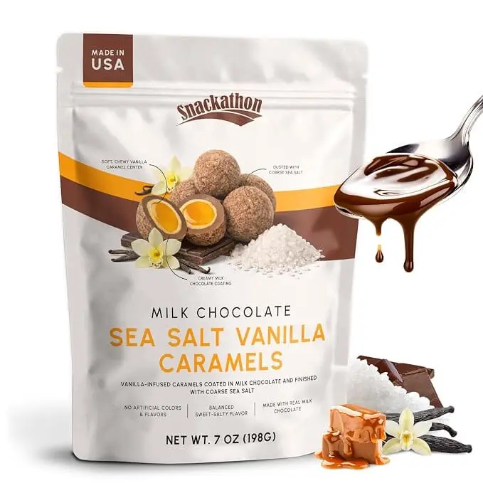 Snackathon Milk Chocolate Sea Salt Vanilla Caramels, Vanilla Infused Chocolate Covered Caramels Made in Small Batch, Sweet & Salty Snacks in Resealable Bag, Gourmet Candy for Gifting