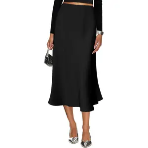 Women's Silk Satin Midi Skirt Elastic High Waisted A-Line Cheetah Print Leopard Long Skirts for Women Trendy