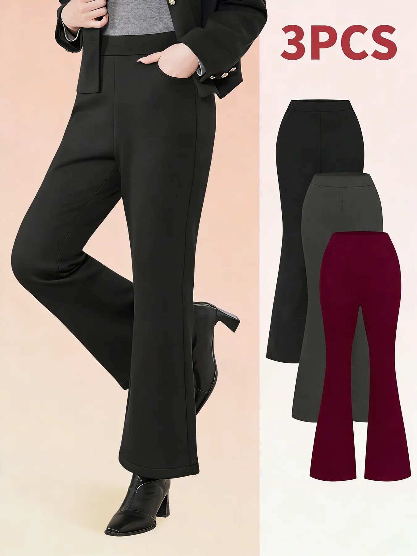3PCS Plus size  Fleece-Lined High Waist Flare Pants - Warm, Soft & Stylish Women's Winter Skinny Thermal Flares for Everyday, Running, Pilates