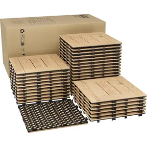 Natural Oak 33 PCS Solid Acacia Wood Interlocking Patio Deck Tiles - 12" x 12" Indoor Outdoor Waterproof Flooring Tiles for Balcony, Backyard, Garden & Poolside, All Weather Use, Natural Wood
