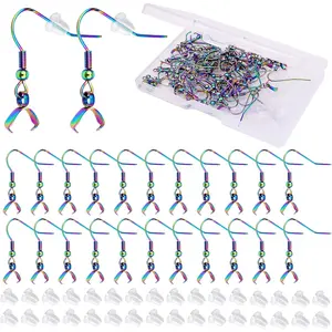 50pcs Stainless Steel Earring Hooks Hypoallergenic Pendant Clasp Ear Wire Earrings with 50pcs Clear Bullet Earring Backs and a Box for DIY Jewelry Making Wedding Party Gifts