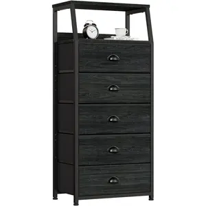 Black Dresser with 5 Drawers, Vertical Storage Tower Fabric Dresser for Bedroom, Hallway, Entryway, , Closet Organizer, Nightstand Bedside Table Furniture, Sturdy Steel Frame,  Top