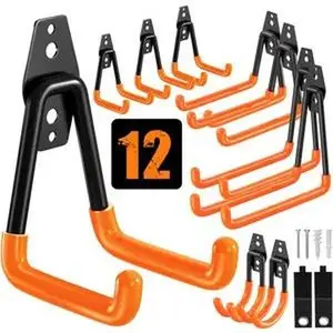 12 Pack Garage Hooks Heavy Duty, Utility Wall Mount Hooks for Hanging Bike, Ladder, Hose, with Extension Cord Straps and Anti-Slip Coating, Garage Organization