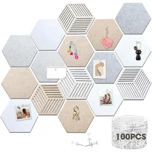 16 Pcs Hexagon Cork Boards for Walls Decor, 12“ Board Tiles Adhesive Cork Bulletin Board Tiles with 100 Pins for Office School Home Wall Decor Stickers Photos Display