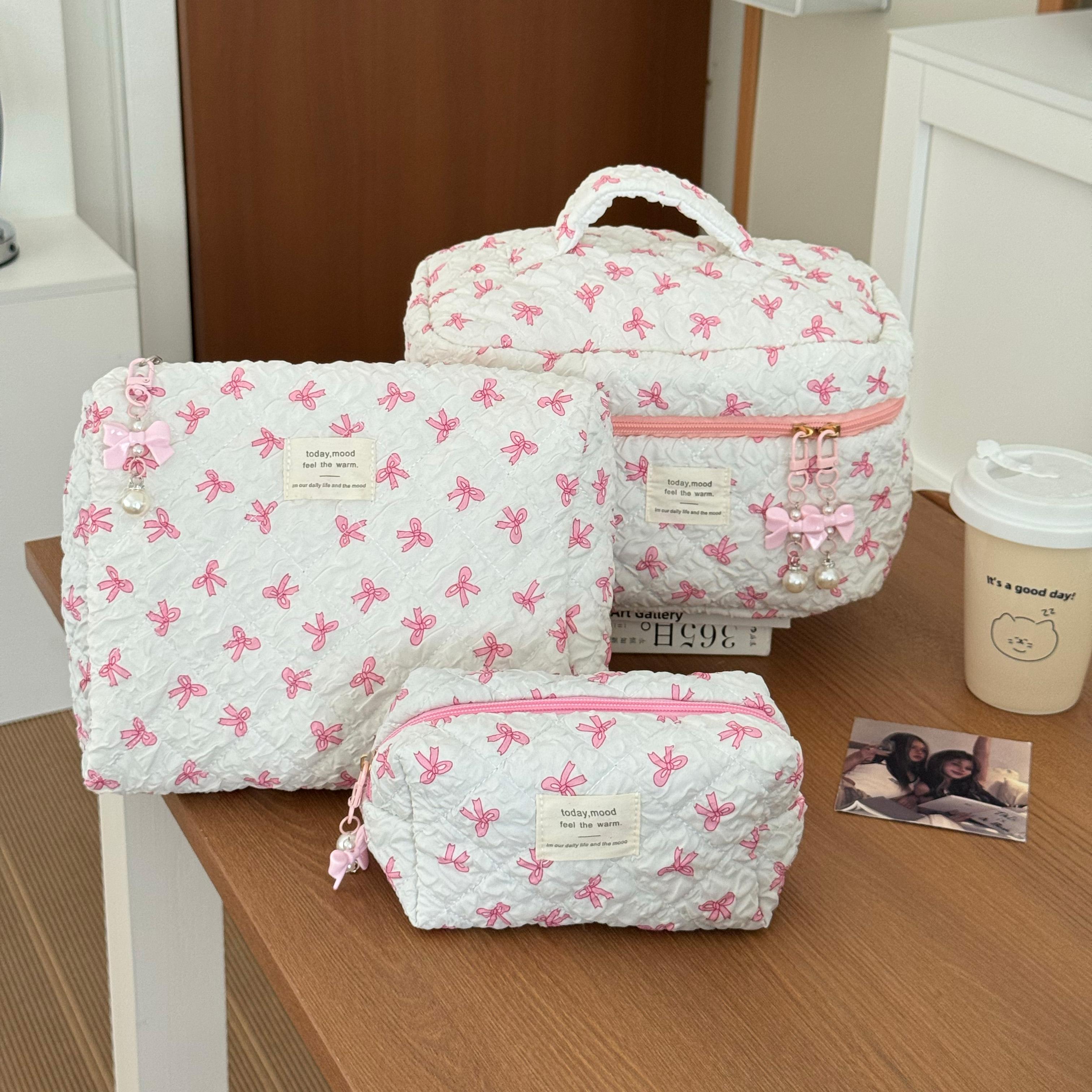 Bow Bubble Quilted Makeup Bag 3-Piece Set – Large Capacity Travel Toiletry Storage Bags, Girly Instagram Style