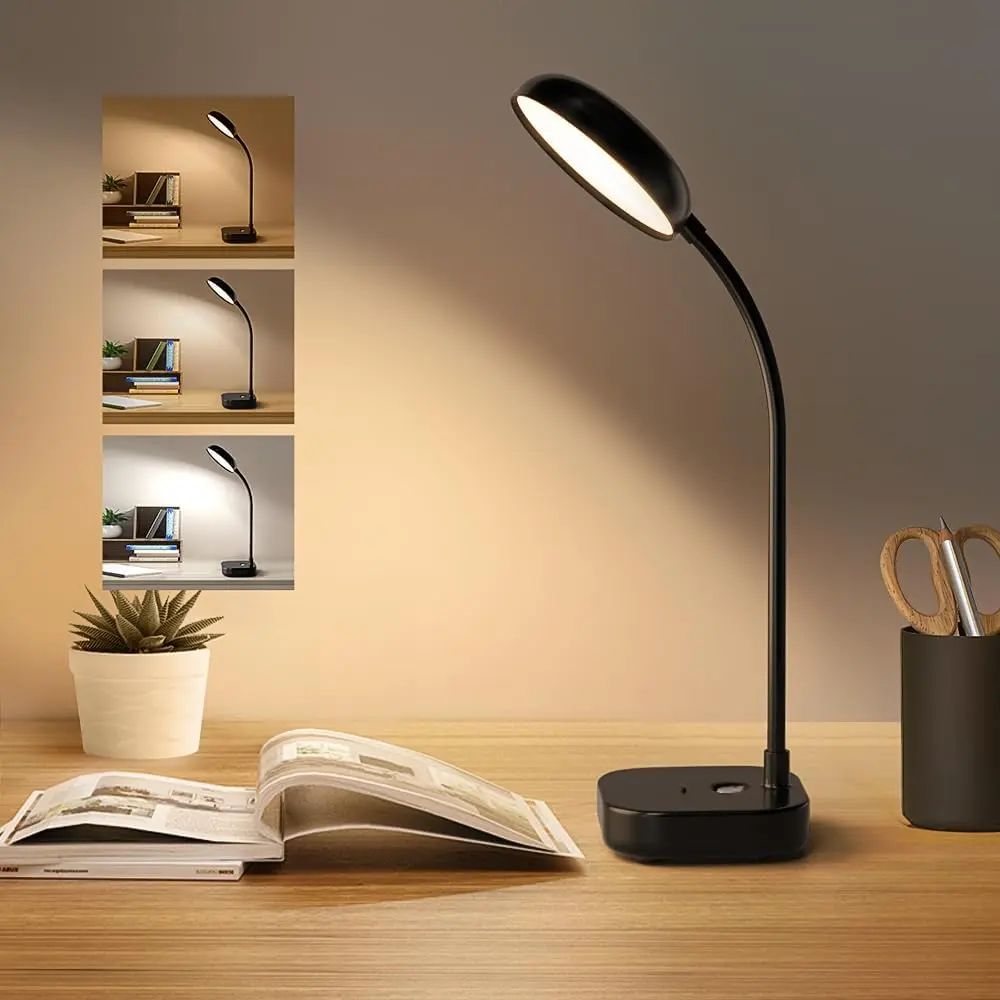 Black Desk Lamp - 5W Cordless Rechargeable, 360° Rotatable Deformable Multi-Joint Gooseneck Hose, 3 Color Modes Color-Changing, Adjustable Brightness, Eye-Friendly Energy-Saving Small Lamp for Home Office Reading, Black Desk Lamps, Color-Changing Desk Lam