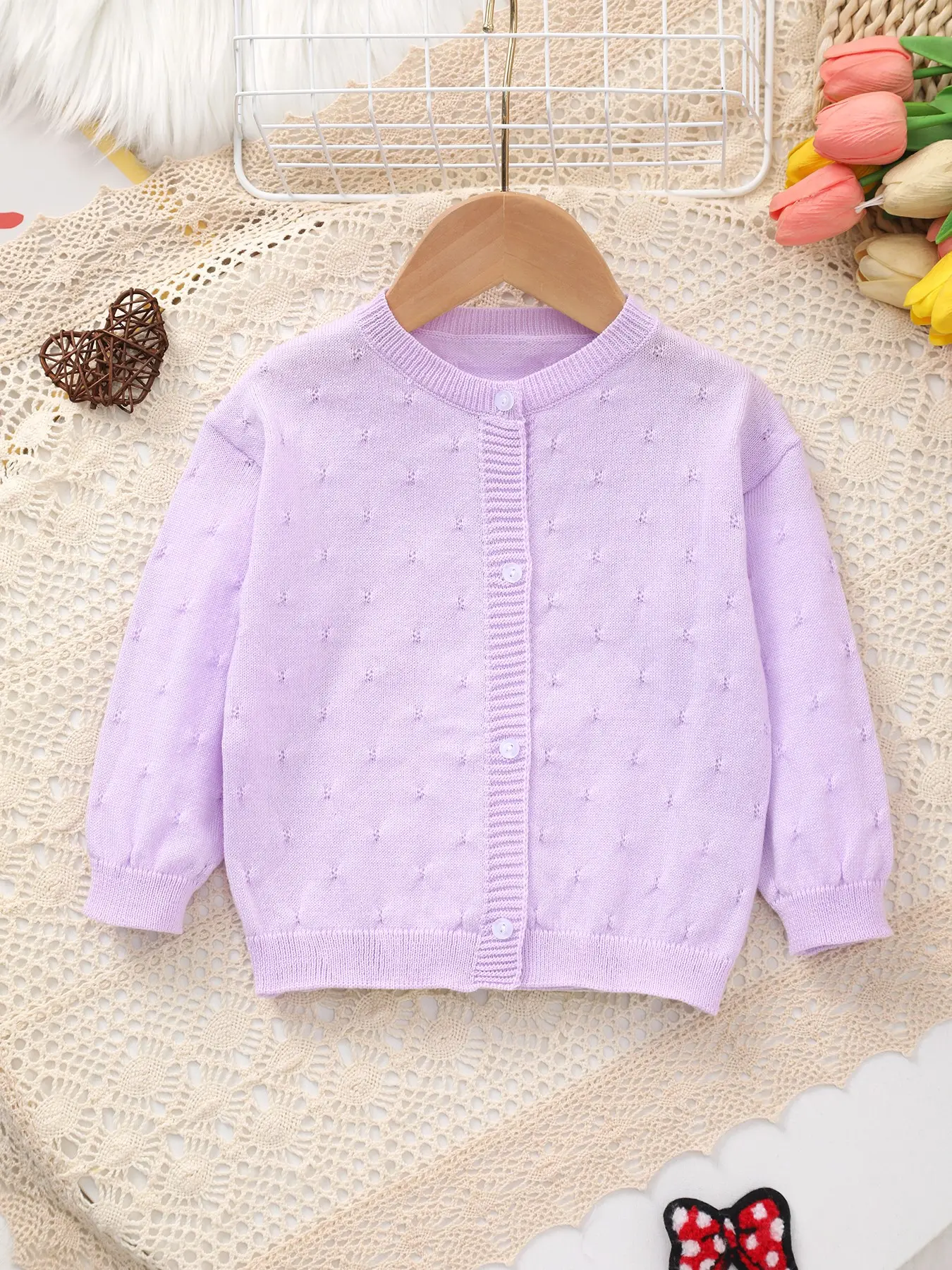 Baby Four-Season Solid Color Sweet Soft Thin Knit Round Neck Lace-Up Cardigan Coat Small Shawl, Comfortable and Stylish Infant Outerwear, Toddler Jacket, Baby Clothing, Clothes