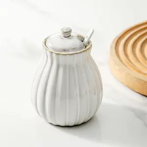 Ceramic Glazed White Sugar Bowl with Lid and Spoon, Sugar Container Dispenser Holder for Coffee Bar, Suitable for Holding Sea Salt, Spice and Sugar