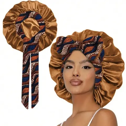RS ROHAJSHOP Women's Single-Layer Satin Haircare Bonnet - Heatless Night Sleep Cap with Tie Band, Moisture Lock, Frizz Reduction, Resists Fading Over Time, Coffee Brown Shower Cap for Curly Hair