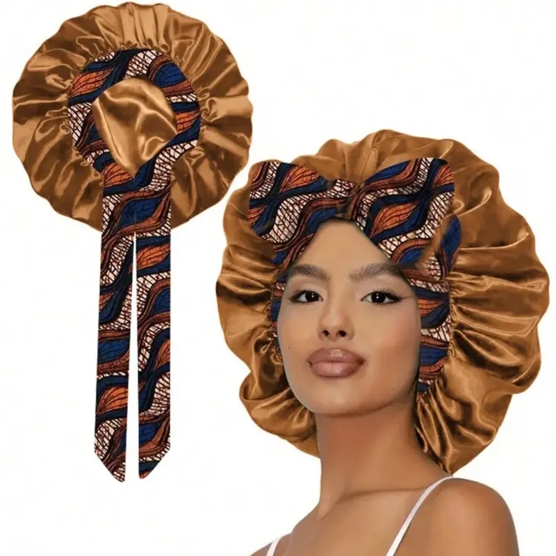 RS ROHAJSHOP Women's Single-Layer Satin Haircare Bonnet - Heatless Night Sleep Cap with Tie Band, Moisture Lock, Frizz Reduction, Resists Fading Over Time, Coffee Brown Shower Cap for Curly Hair