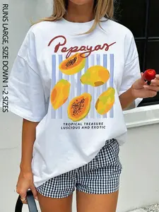 Women's Oversized Papaya Tropical Fruit Print T-Shirt, Casual Summer Crewneck Top With Striped Background Pattern, Perfect For Daily & Vacation Wear