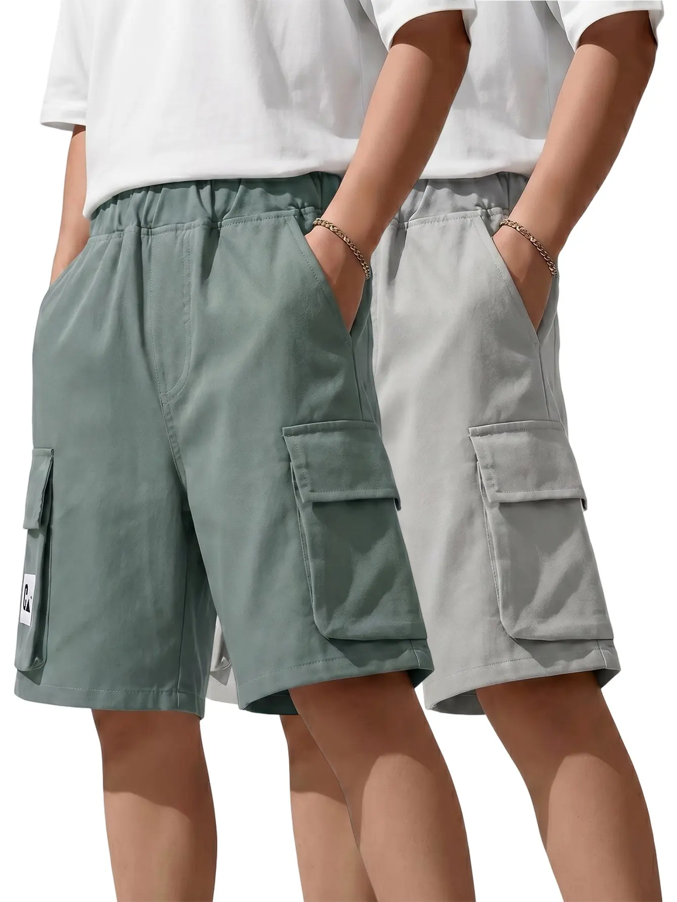 Boys' 2-Pack Cargo Shorts (3-12Y), 100% Polyester Elastic Waist 5-In Loose Bottoms, Big Side Pockets Multi-Color Set, Breathable Casual Playwear for Daily Outdoor Use