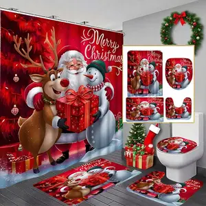 1pc/4pcs Christmas Bath Gift Set, Santa Reindeer Snowman Design, Non-Slip Mat, 12 Hooks, U-Shaped Toilet Cover, Home Bathroom Decor, Bathroom Decoration Accessories