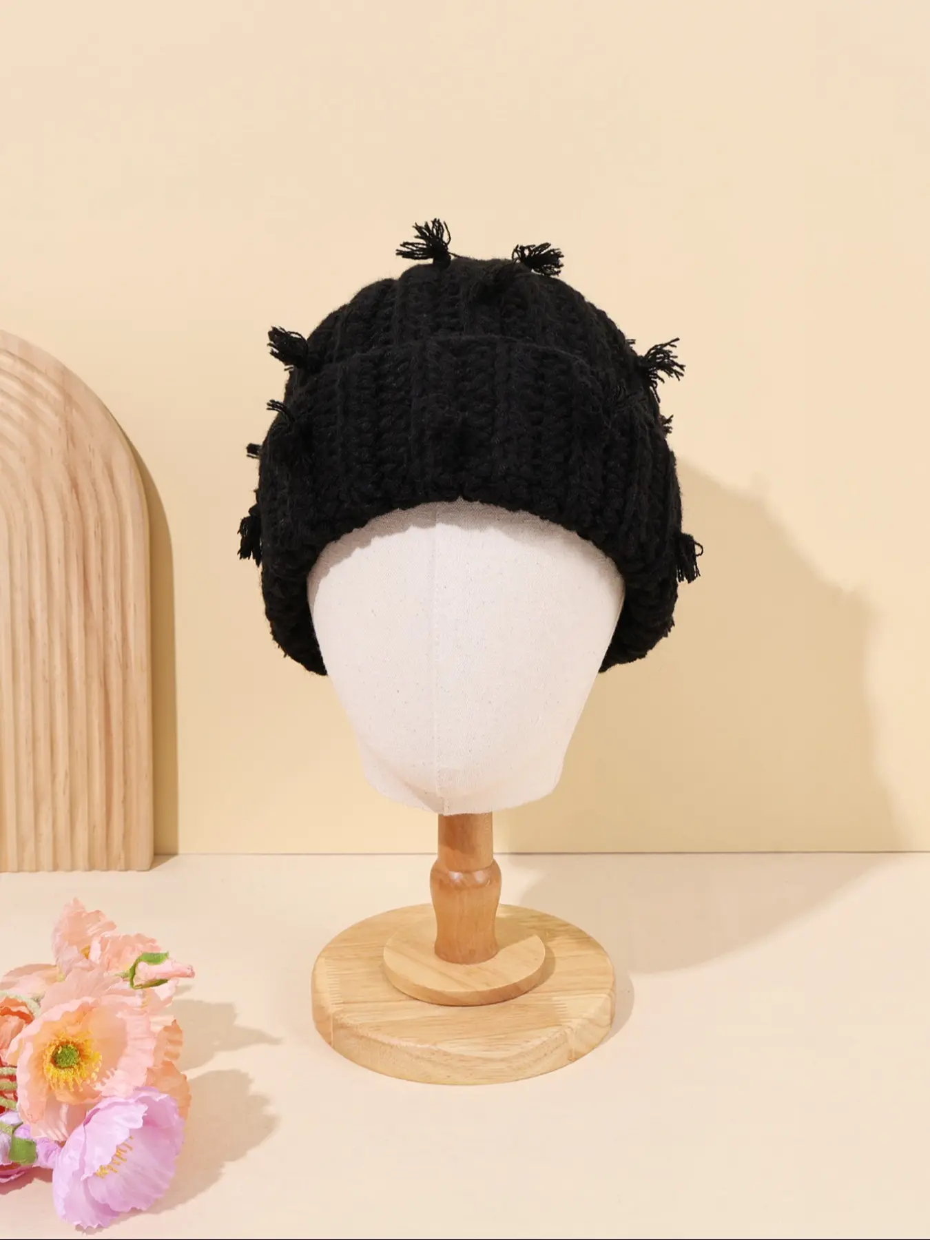Knitted Winter Beanie Hat with Unique Tassel Brim Details, Cozy Beanie, Comfortable Soft Yarn, Warm Retro Chic Style for Daily Wear