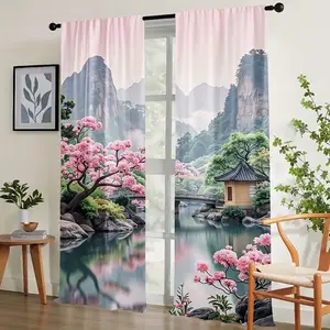 2 Piece Chinese Landscape Print Curtains, Fashionable Rod Pocket Window Drapes for Bedroom and Living Room, Easy Installation