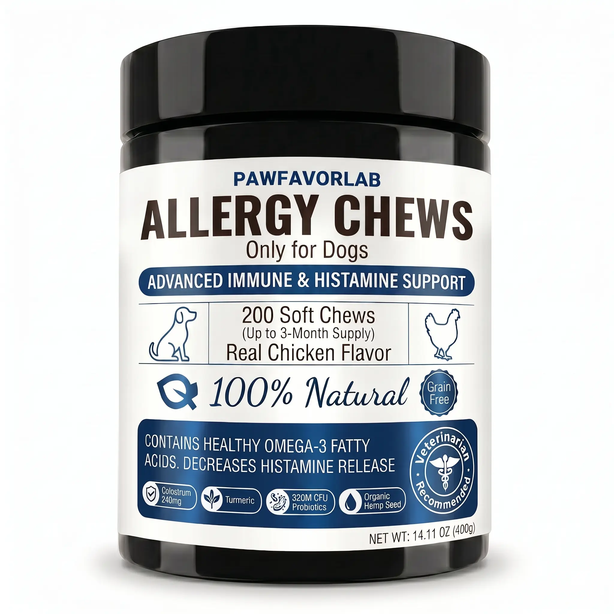 PAWFAVORLAB Dog Allergy Itch Relief - Dogs Chews with Probiotics & Apple Cider Vinegar - Natural Turmeric, Chicken Flavor - Boosts Immune Response, Heals Gut, Made in USA - Soothe Irritated Skin