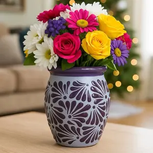Talavera Lavender Flower Vase (Cantaro) - Lead Free - Purple Plumeado Design