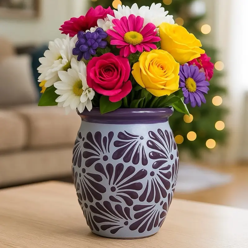 Talavera Lavender Flower Vase (Cantaro) - Lead Free - Purple Plumeado Design