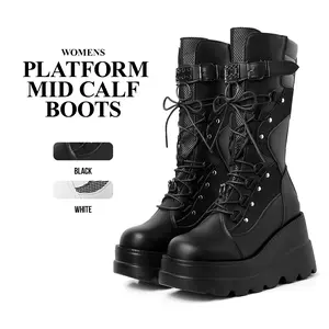 CYNLLIO Womens Platform Mid Calf Boots Chunky High Heel Rave Outfit Wedge Boots Goth Zipper Closure Lace Up Combat Round Toe Spring Motorcycle Boots