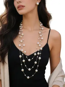 Multi-Layer Faux Pearl Necklace Set with Earrings, European Style Versatile Sweater Chain, French Vintage Bridal Jewelry