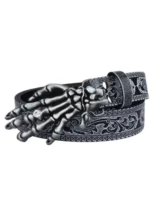 Punk Skeleton Bracelet, Gothic 3D Metal Band with Rhinestone Clasp, Paisley PU Belt, Unisex, Party, Concert, Streetwear
