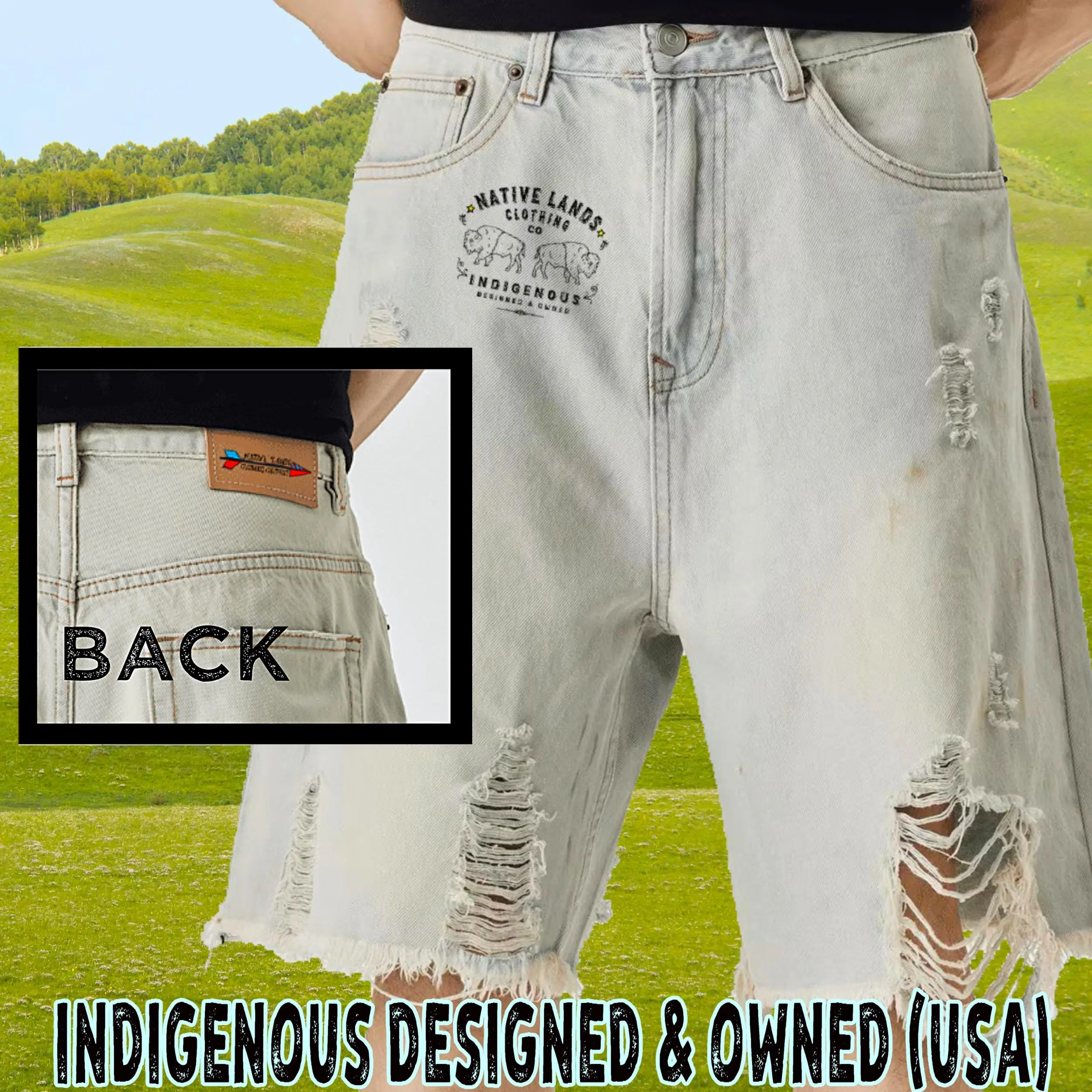 Bison Arrow Distressed Denim Shorts (front/back) - Honoring First Nations, Inuit, Native American Indigenous Cultures