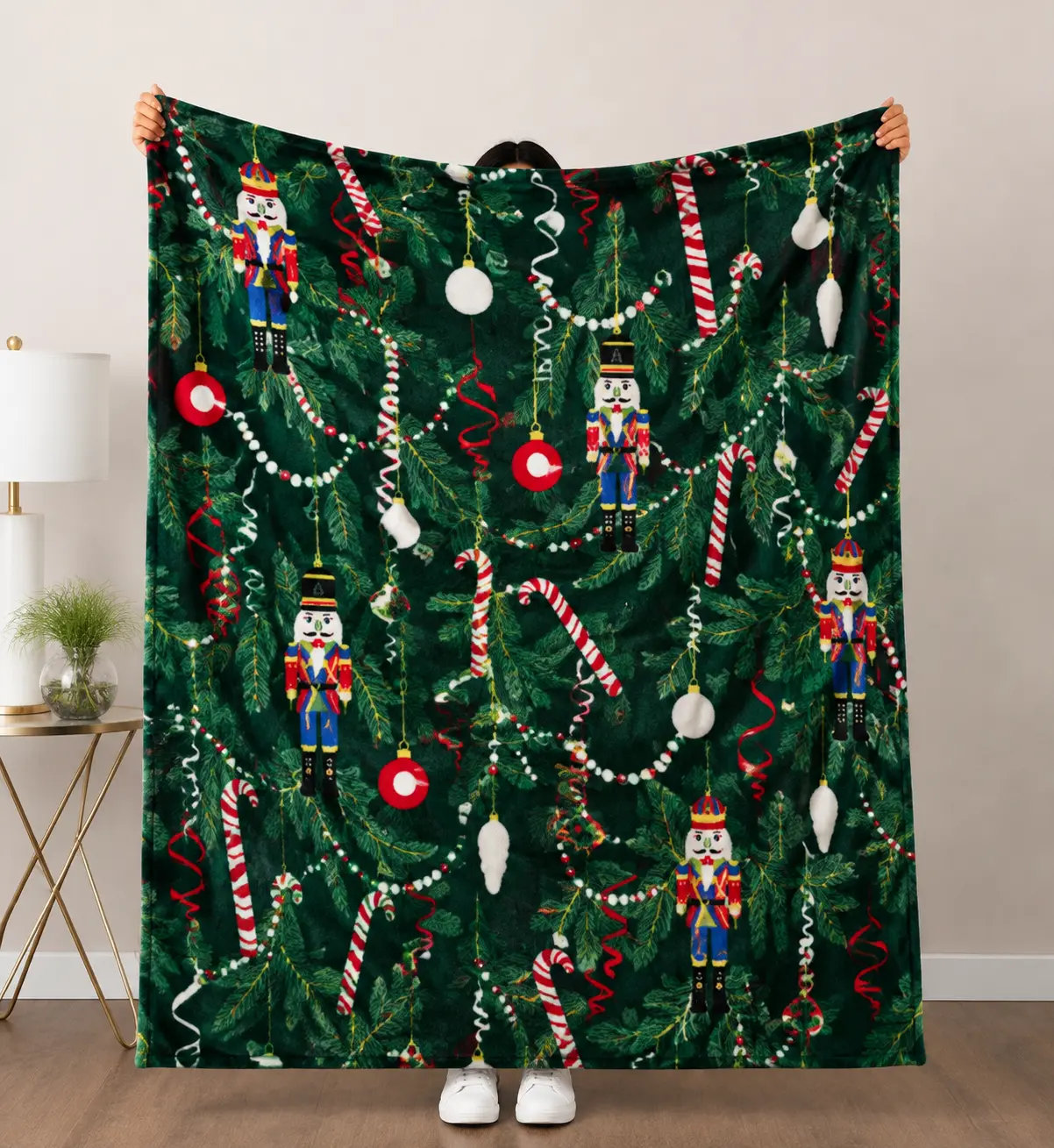 Nutcracker Candy Cane Christmas Ornament Pine Branch Seamless Pattern Print Flannel Throw Blanket Vintage Festive Holiday Aesthetic Soft Cozy Blanket Perfect Gift for Sofa Bed Couch Living Room Home Decor