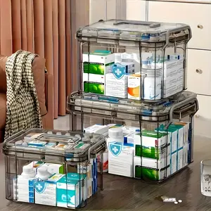 Durable Double-Layer Medicine Storage Box with Handle – Transparent Gray Waterproof Design, Easy-Open Lid, Multiple Compartments for Organizing Emergency Supplies & Medications | Viral Home Storage Hack, Travel & Dorm Organizer