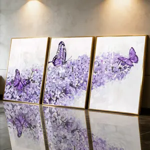 3 Count Aluminum Alloy Frame Canvas， Fashion Poster， Purple Butterfly And Lilac Flower Art， Modern Living Room Decoration， Light Luxury Family Art， Suitable For Bedroom， Corridor And Office Wall Decor， Gift