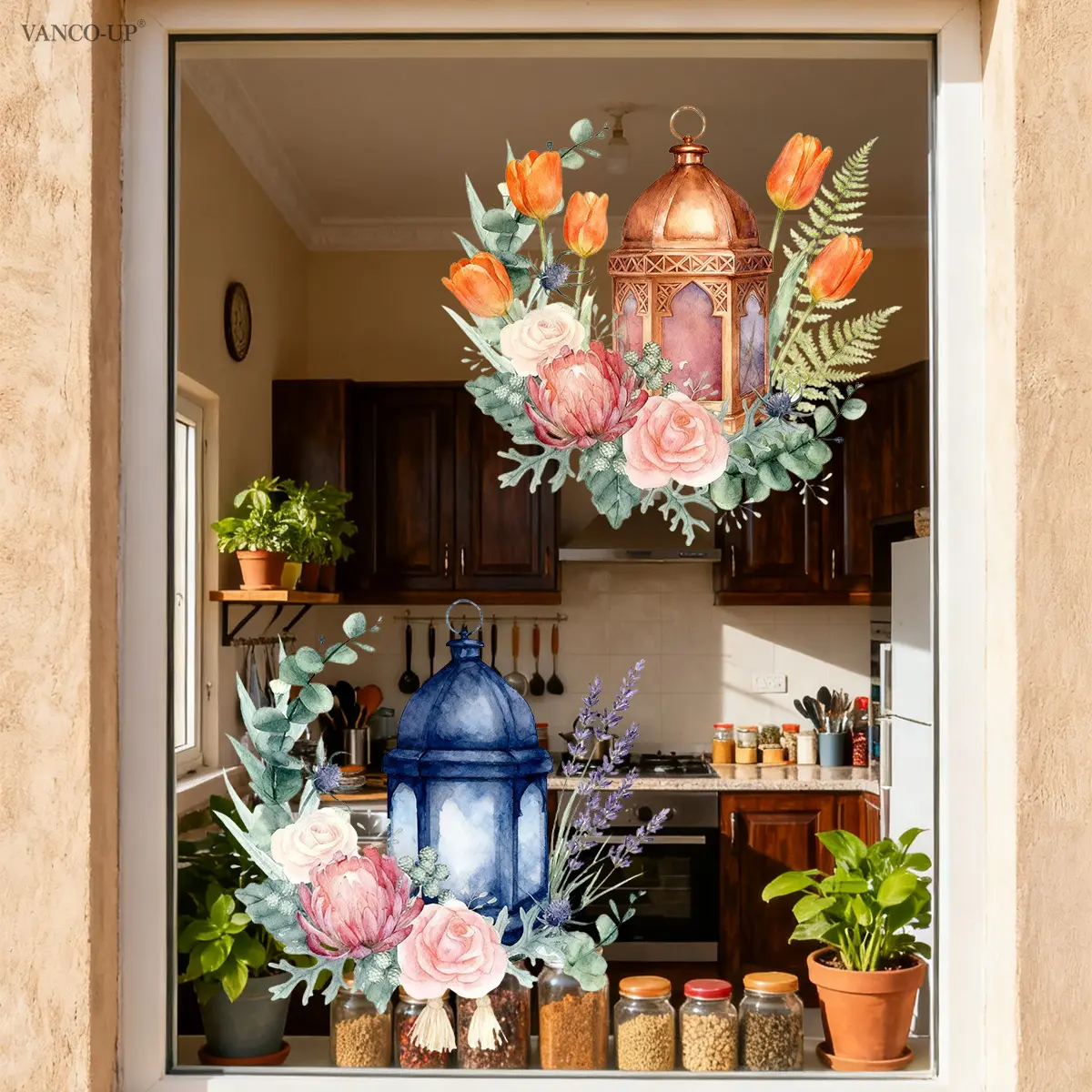 A set (30*30cm*2pcs) of Eid Mubarak Ramadan Festival Flower Lantern 2D Ultra-transparent Window Sticker, Festival Decoration Background Window Sticker (T20143)