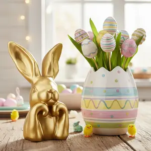 Lyrow 8 Inch Gold Resin Bunny Table Decor Easter Thinking Bunny Figurine for Home Table Centerpieces Golden Cute Rabbit Statue for Spring Living Room Shelf Mantel Decorations