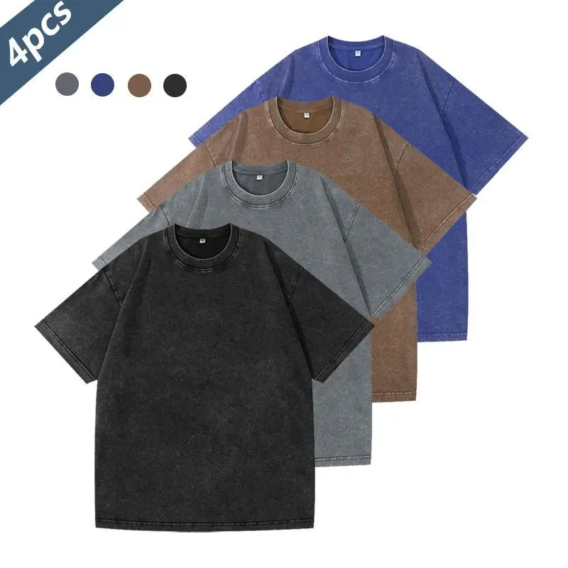 Men's 4-Pack Plain T-Shirts, Basic Style Distressed Pure Cotton Loose-Fit Tops with Round Neck, Multicolor Pack for Summer, Stylish, Baggy