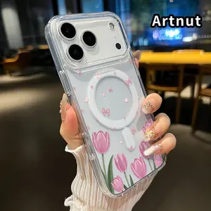 Compatible with iPhone iPhone 17 Pro Max 16 Plus 15 14 13 12 11 Air E Tulip Bow Dream Pattern Shockproof Non-Yellowing Crystal Transparent Acrylic Soft Case Supports Wireless Charging.