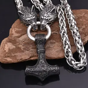 European And American Viking Golden Wolf Head Thor's Hammer Pendant Necklace Men's Golden Pendant Necklace Jewelry