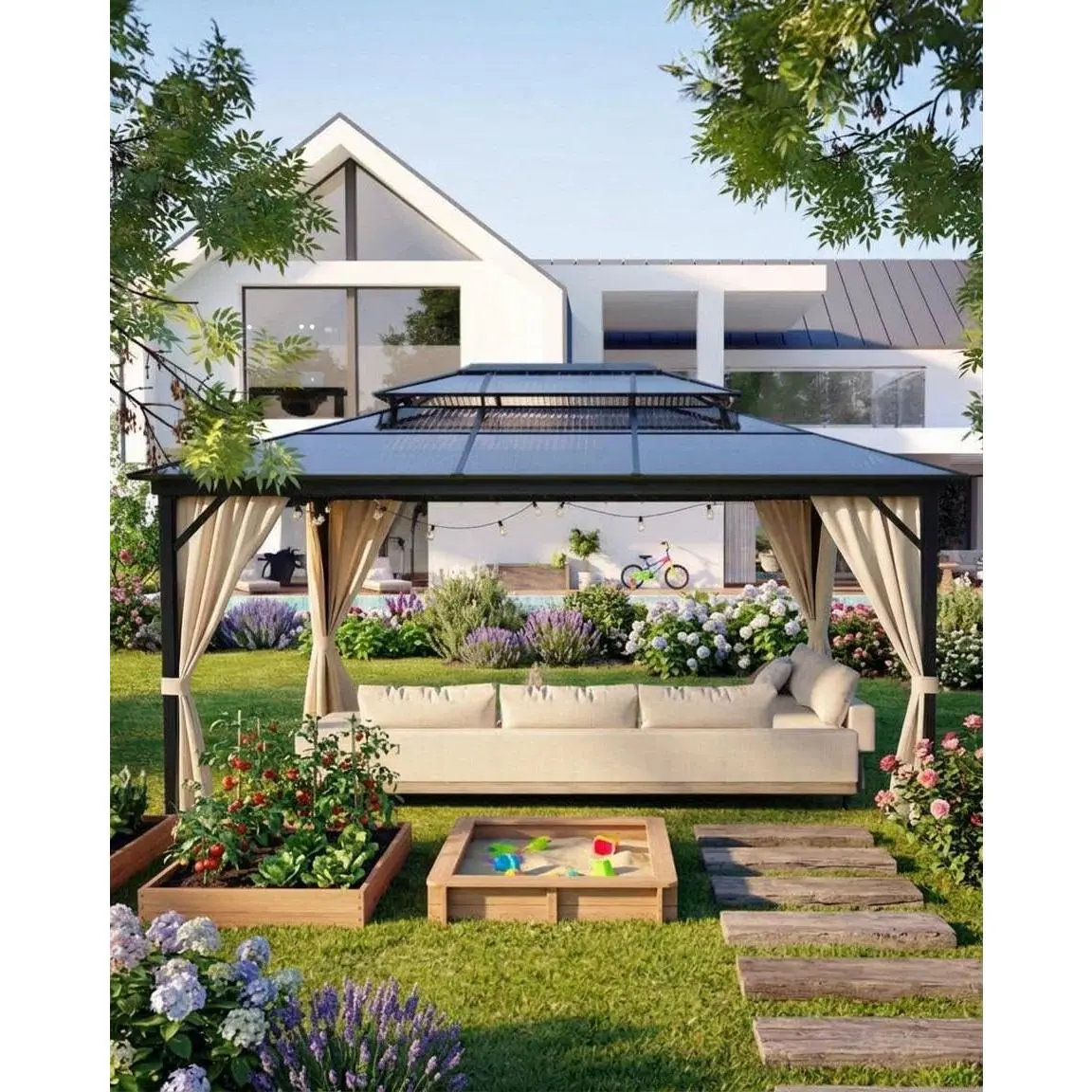 12'x16' Hardtop Gazebo Outdoor Shelter, Aluminum Frame Patio Pavilion with Double Polycarbonate Roof (Soft Diffused Light, UV Block), Curtains & Netting for Backyard Garden
