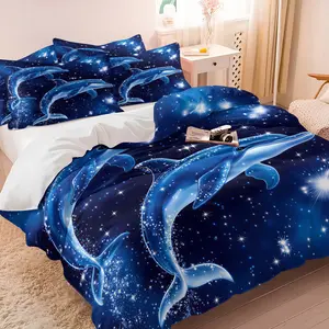 Starfish Dolphin 3D Print Decorative Duvet Cover Set, 1 Duvet Cover & 1-2 Pillowcases (no Pillows), Blue Starlight Effect Bedding, Soft Comfortable Ocean Theme Bedroom Dorm Decor, Suitable for Teens Adults