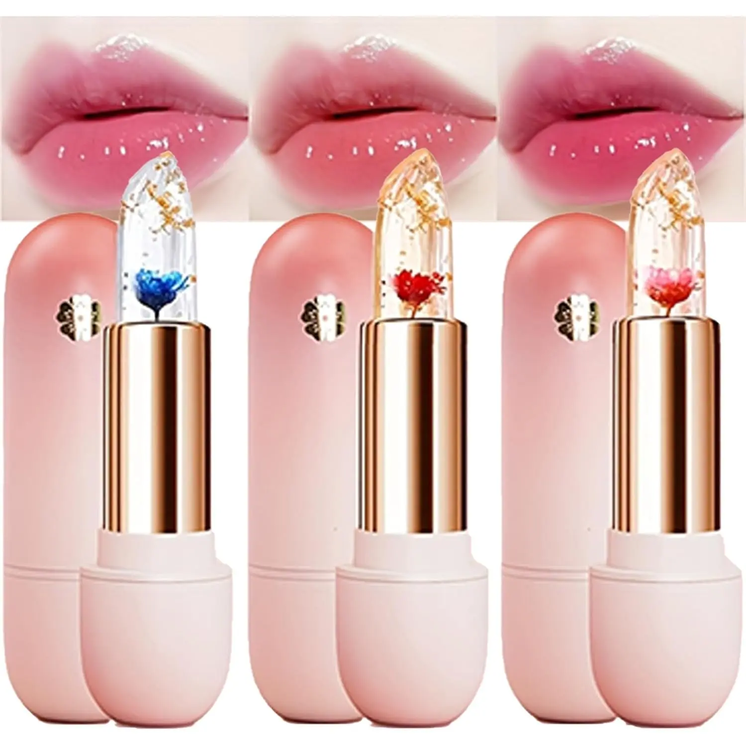 Flower Lipsticks Clear Jelly Lip Tint Set with Temperature Change Color and Moisturizing Lip Gloss for Women