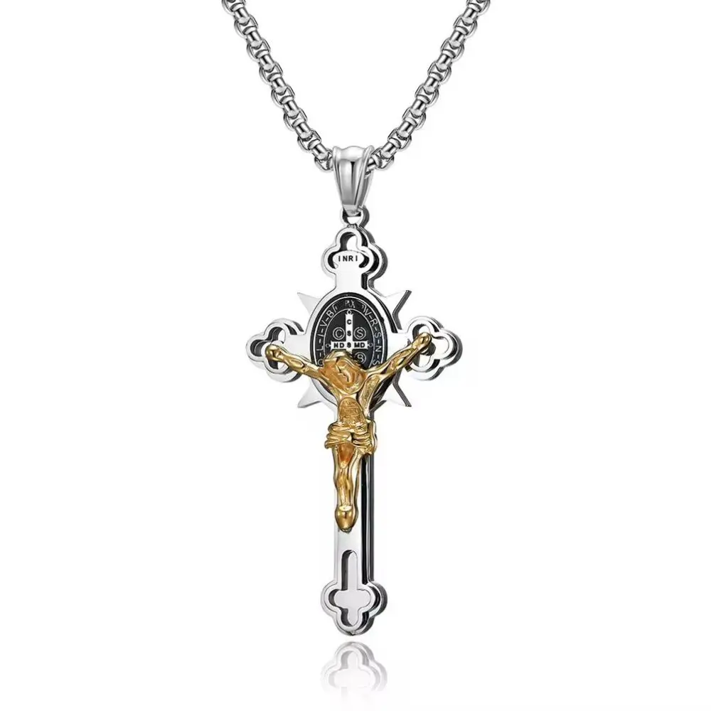 Saint Benedict Stainless Steel Gold Plated Corpus Necklace pendant UNISEX