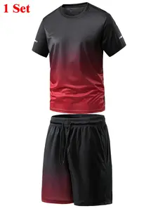 Men's Gradient Print Short Sleeve Tee & Drawstring Waist Shorts Set, Regular Fit Round Neck T-shirt & Pocket Track Shorts, Men's Clothing for Outdoor Workout Running, Athletic Activewear Tracksuits, Athletic Tracksuit Set, Workout Sets