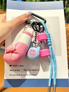 Girl's Pink Boxing Gloves Dumbbell Kettlebell Keychain Pendant, Sports Style, Imitation Fitness Equipment Design, Woven Lanyard, Bag Charm, Keychain For Bags, Fitness Enthusiast Personalized Accessory, Car Key Pendant