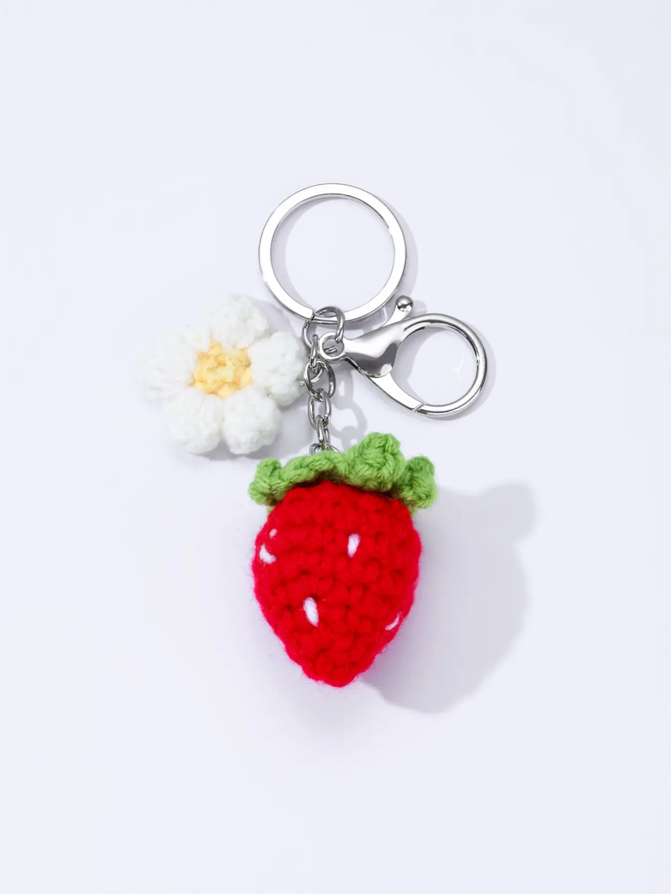 Cute Knitted Strawberry Flower Keychain Kawaii, Handmade Crafty Accessory, Fun Novelty Car Bag Charm, Unique Gift Idea