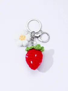 Cute Knitted Strawberry Flower Keychain Kawaii, Handmade Crafty Accessory, Fun Novelty Car Bag Charm, Unique Gift Idea