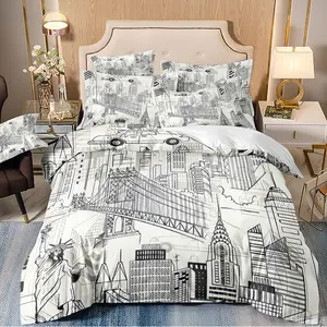 3-piece down duvet cover, black and white New York bustling urban style, breathable bedding set, machine washable, zippered, suitable for home decoration in bedrooms and guest rooms (1 * down duvet cover 2 * pillowcase, no down duvet core)