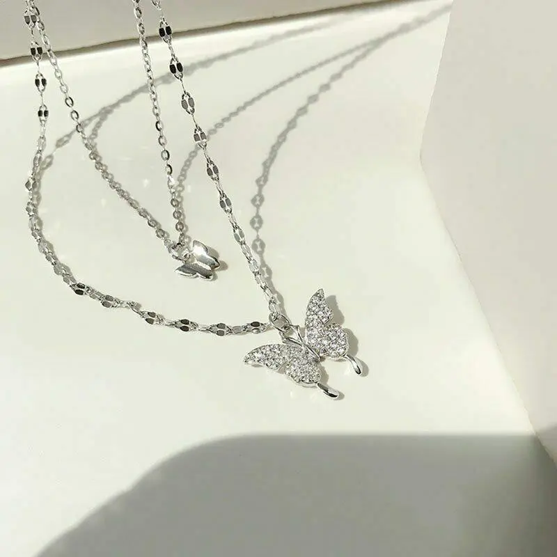 925 Silver Plated Double Butterfly Zircon Necklace Clavicle Jewelry Lab-Created