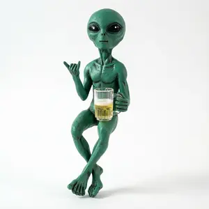 Retro Alien Shelf Sitter Figurine - Quirky Resin Sci-Fi Decor with Mini Beer Mug for Home Bar, Desk, Unique Gift Idea   space collectible figurine