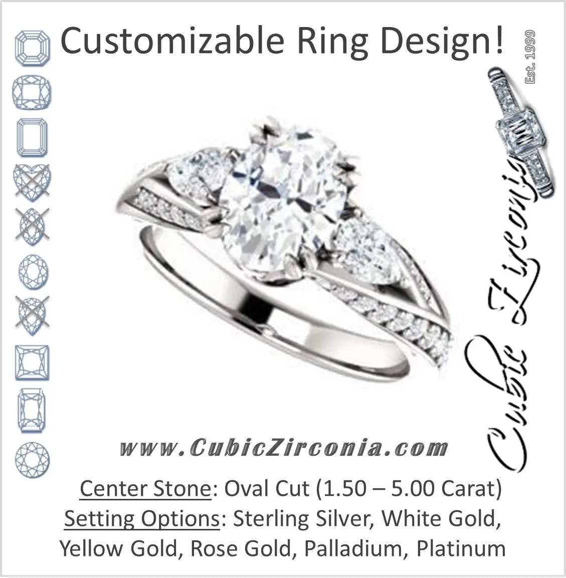 Cubic Zirconia Engagement Ring- The Jackie (Customizable Oval Center with Flanking Pear Accents and Pavé Band)