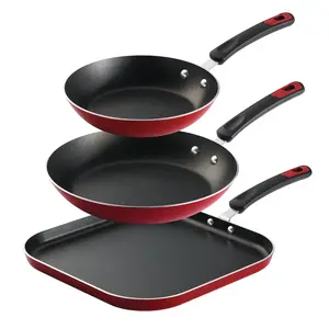 Everyday 3 Pieces Aluminum Non-stick Fry Pan and Griddle Set – Metallic Red,Quick heat distribution,Quick heat distribution,Dishwasher safe Cookware Frying